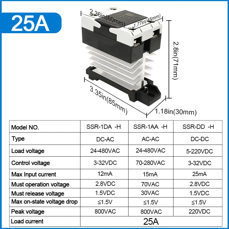 SSR Solid State Relay 24-480VAC Heat Sink Single Phase DIN Rail Mounted 10A 25A 40A 60A 80A 100A 120A DA AA DD Zero Crossing