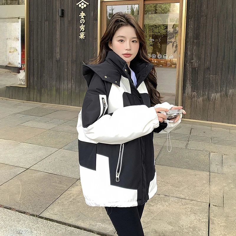 Black and White Patchwork Women Autumn Hiking Jacket Winter Winderproof Warm Hooded Coat Korean Zip Up Streetwear Couple Jackets
