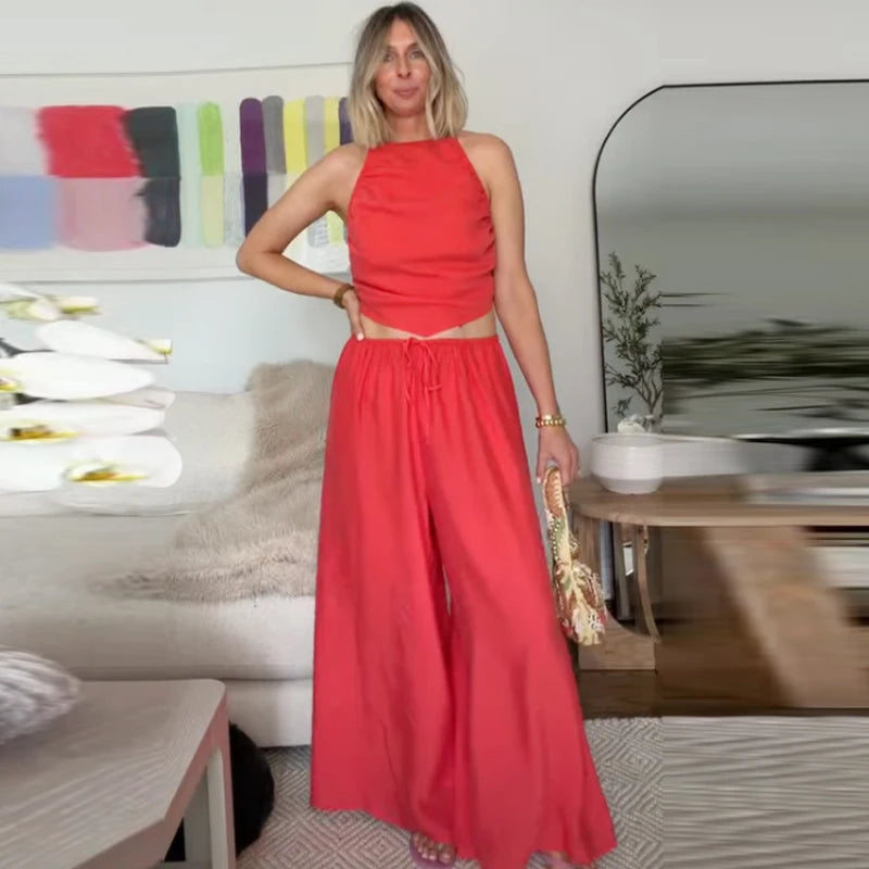 HXAO Red Ruffled Pants Sets Women's Suit Halter Crop Backless Sleeveless Top 2 Piece Set Chic High Waist Baggy Trousers Outfits