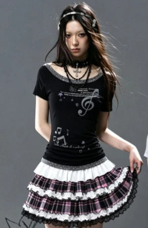 Retro Subculture Two Piece Suit Girls Cute Big Star Swirl Print Cami Top Glitter Tier Mini Skirt Japanese Sweet Summer Outfit