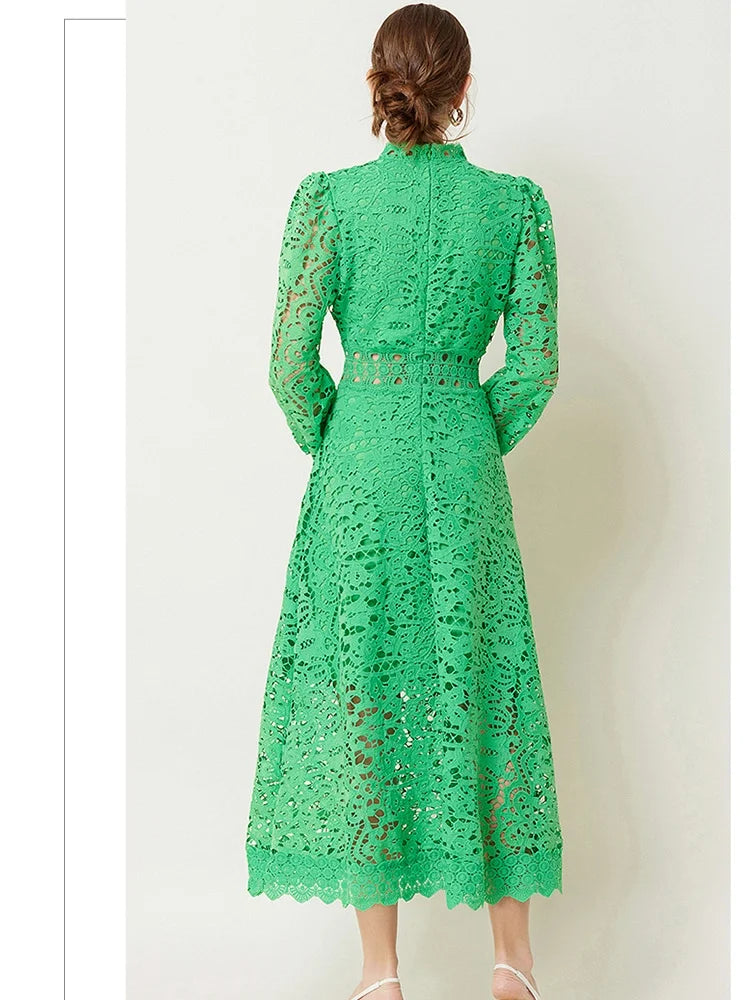 Solid Lace Holloe Out Slimming Elegant Dresses For Women Stand Collar Long Sleeve High Waist Minimalist Dress Female Fashion