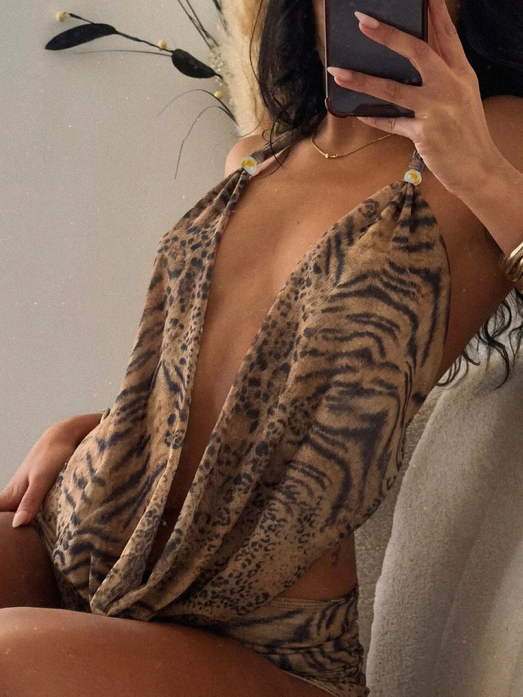 Women's Brown Sexy Vintage Fashion Off-shoulder Deep V Leopard Print Set Halter Cami + Low Waist Shorts Two-piece Outfit Summer