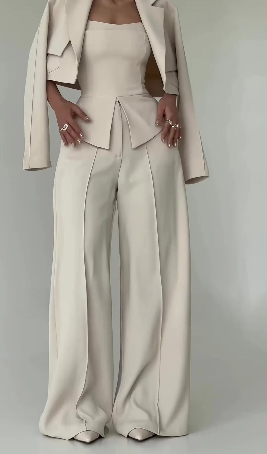 Pant Set Women 3 Piece Sets Lapel Full Sleeve Blazers Plain Sling Top Wide Leg Long Pants Splice Y2k Streetwear Work Summer 2026