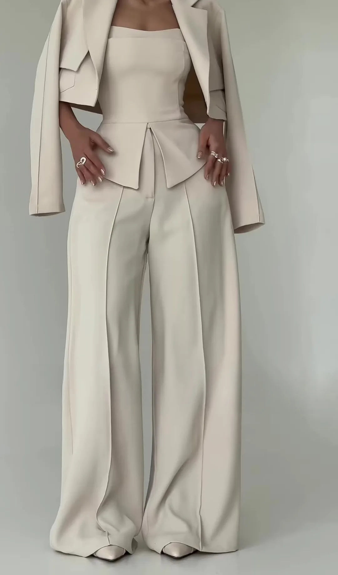 Pant Set Women 3 Piece Sets Lapel Full Sleeve Blazers Plain Sling Top Wide Leg Long Pants Splice Y2k Streetwear Work Summer 2026