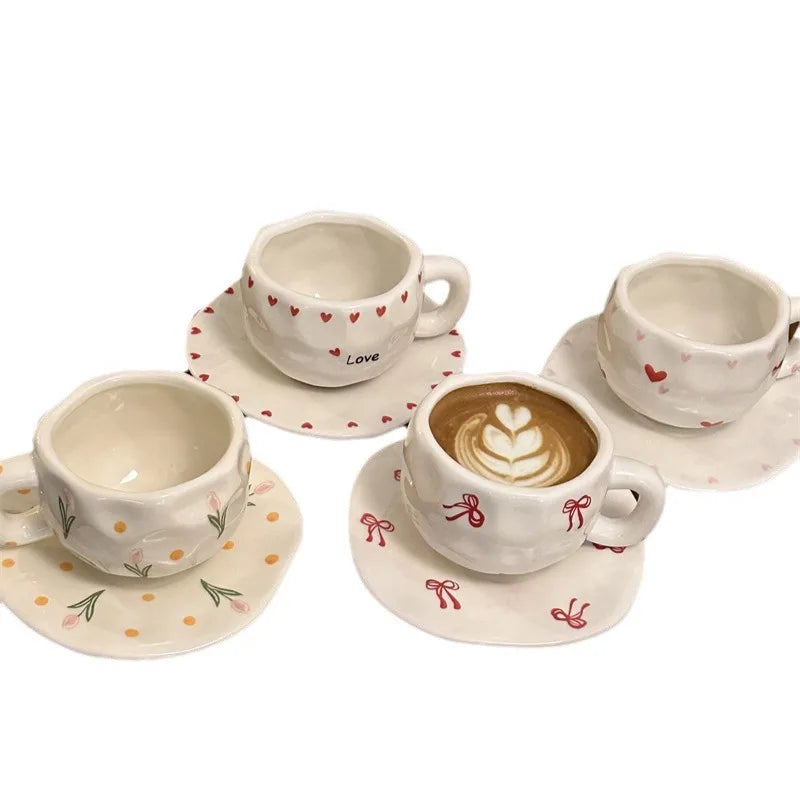 ins style retro flower ceramic cups and saucers, hand-squeezed irregular coffee cups and saucers, afternoon tea cups and saucers