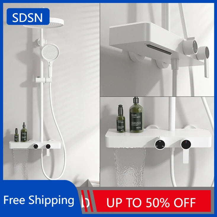 White Bathroom Shower System Set SDSN 12 Inch Round Rainfall Shower Head Brass Bathroom Faucet Hot Cold Gold Bathroom Shower Set