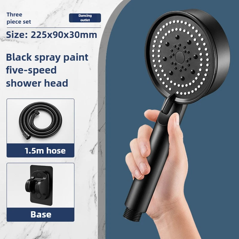 High-Pressure Handheld Shower Head with Stand and Hose - 5 Adjustable Water Flow Modes, Round Plastic Bathroom Accessory