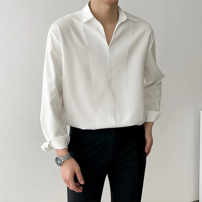 New Korean V Neck Men Shirts Luxury Casual Drooping Style Slim Solid Color Long Sleeve Pullover Blouse High Quality Autumn Tops
