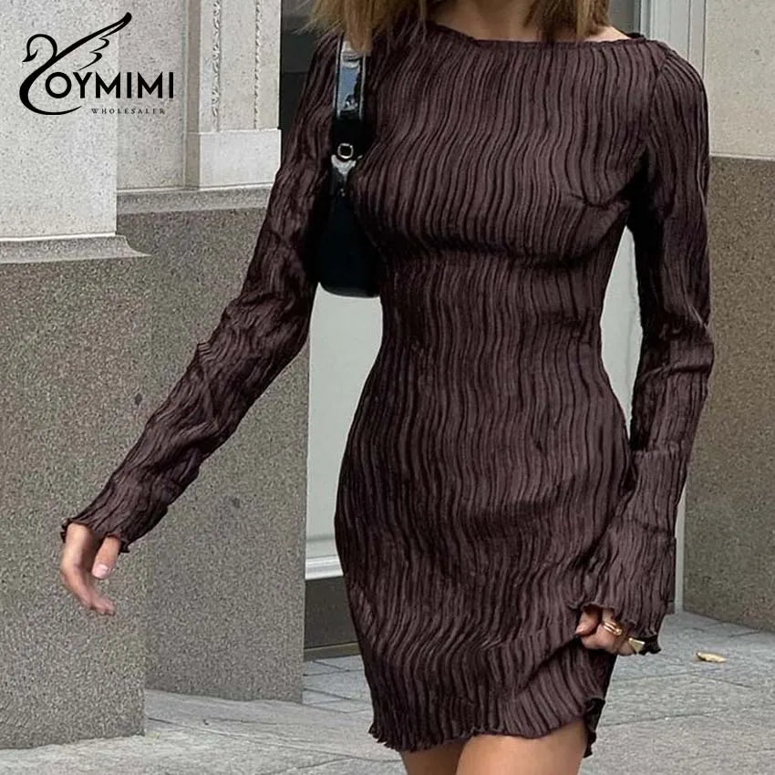 Oymimi Elegant Brown Pleated Women's Dress Fashion O-Neck Long Sleeve Slim Dresses Casual Straight Mini Dresses Female Clothing