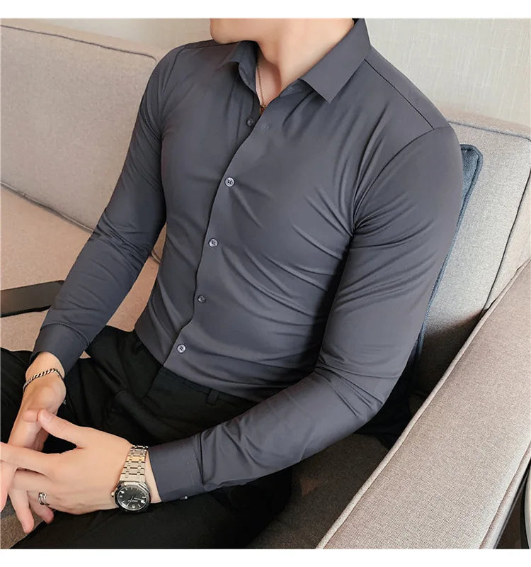 Men's Ultra Stretch Seamless Long Sleeve Shirt Top Quality Business Casual Breathable Stretchable Solid Color Formal Dress Shirt
