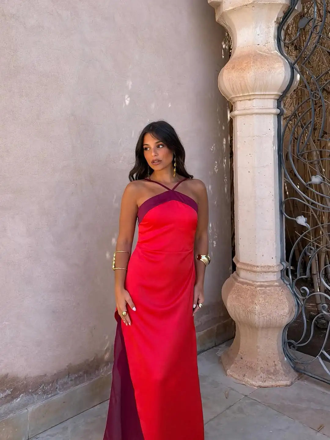 Color Blocking Scarf Collar Suspender Women Maxi Dress Spaghetti Strap High Split Floor Length Evening Dresses Lady Party Robes
