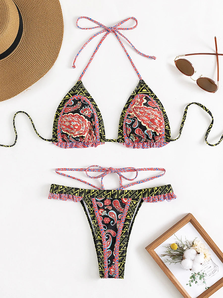 Print Bikinis Bordered Bikini Set Mciro Halter Swimwear Women Swimsuit Sexy Beachwear Brazilian Biquini Triangle Bathing Suits