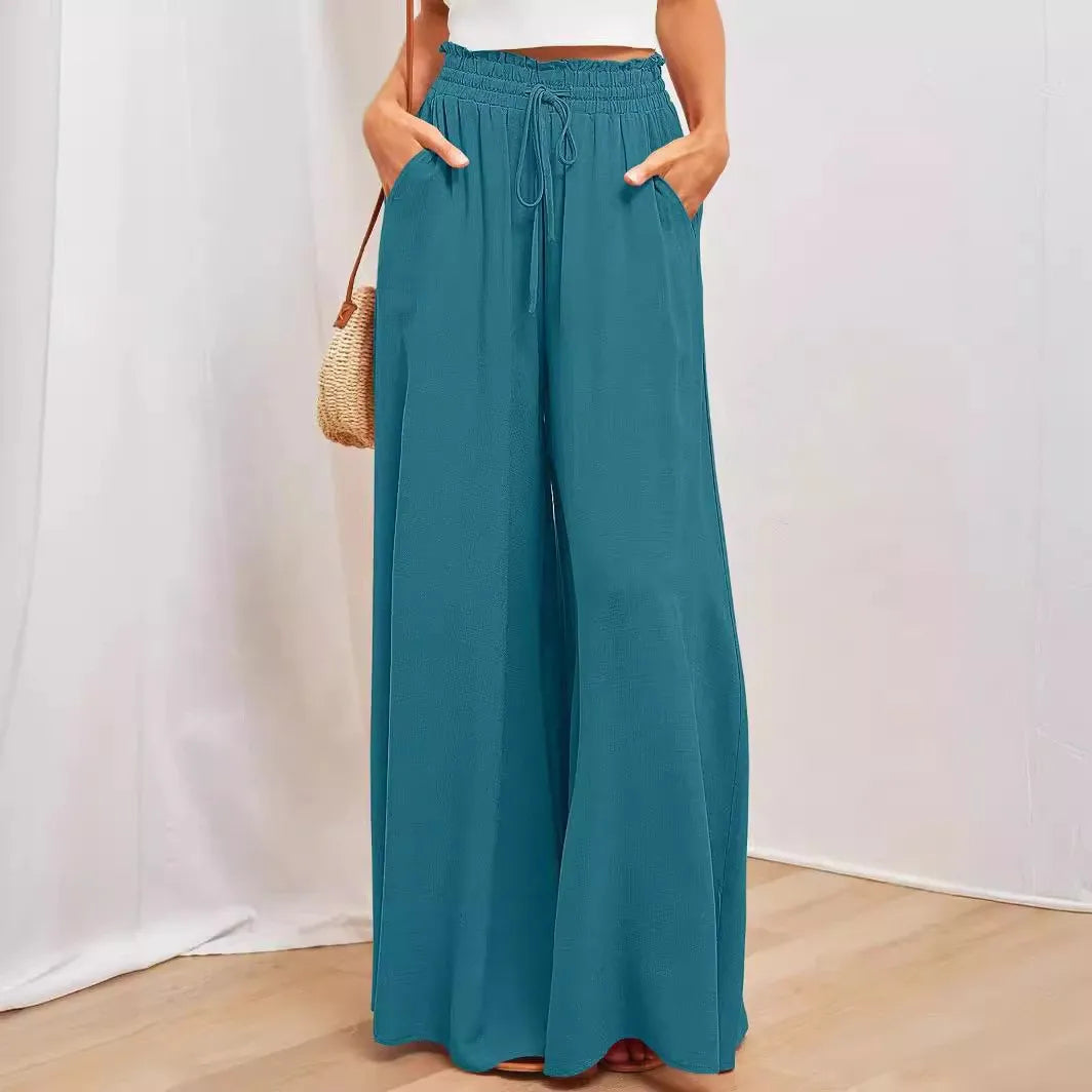 Women's Elastic Long Palazzo Pants Casual Urban Style Tie Detail Polyester Blend Woman Clothes Female Clothing Women's And