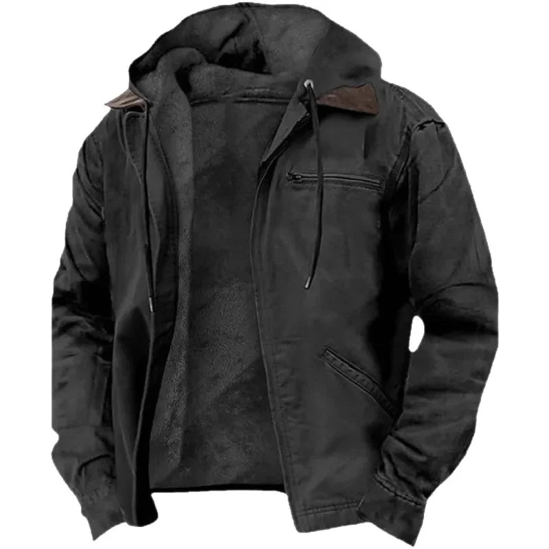 2026 New Fashion European and American Cross-border E-commerce, Solid Color Hooded Cotton Clothes Casual Men's Clothing Velvet Zipper Pocket Jacket Jacket