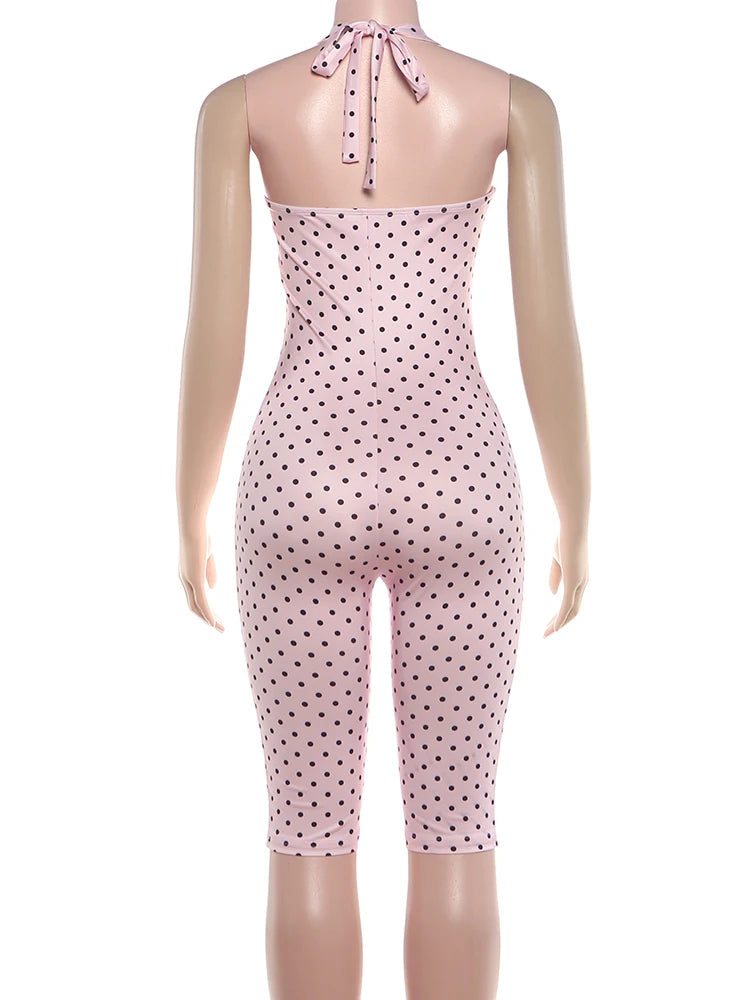 Weird Puss Sexy Backless Rompers Woman Polka Dot Print Bandage Halter Sleeveless Skinny Peach Hip High Street Fashion Playsuits