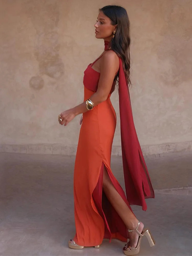 Color Block Twist Bust Slit Maxi Dress Spaghetti Strap Form-Fitting 2026 Summer Fashion Chic Bold Women Wedding Guest Gala Dress