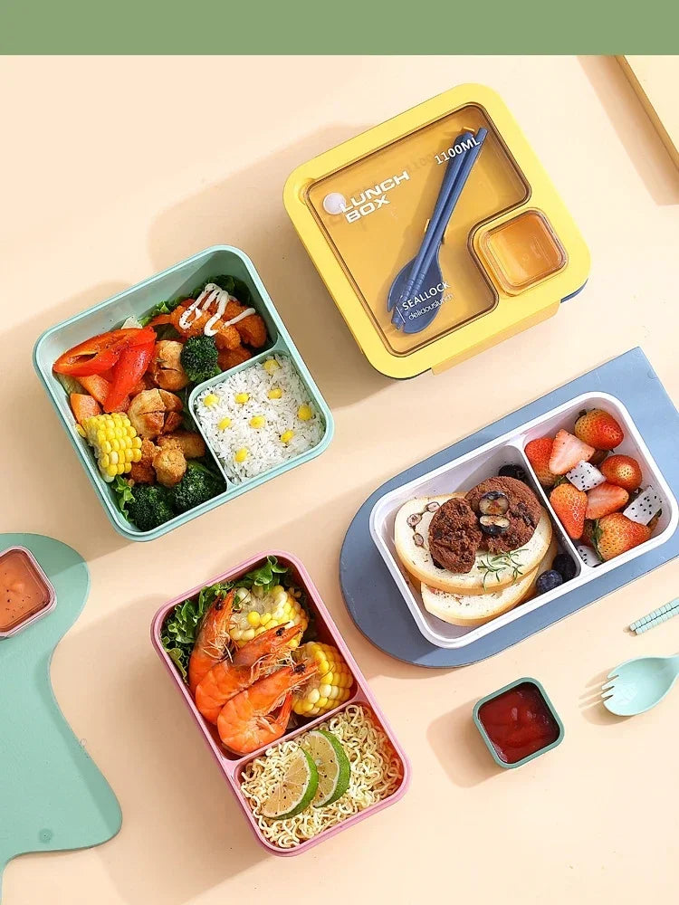 1pcs Portable Sealed Lunch Box with Tableware for Kids Children Plastic Microwave Bento Boxes Dinnerware Set Food Storage Contai