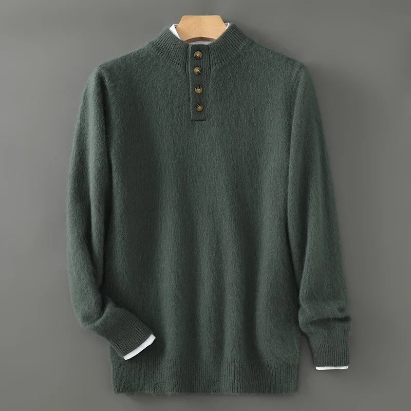 Men's Thicken 100%Pure Mink Cashmere Sweater Youth Button Semi-High Neck Loose Knit Pullovers Autumn and Winter Warm Base Shirt