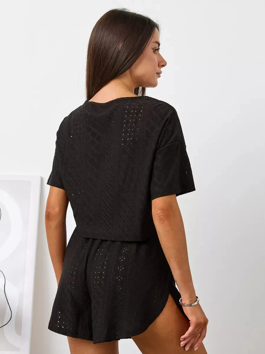 Ladies Summer Solid Color Hollow-out Short Sleeve Shorts Set Girl Student Homewear Women Casual Outside Home Loose Two-piece Set