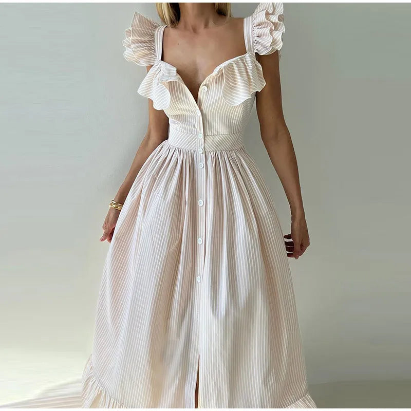 Fashionable Striped Ruffle Pleated Women's Dress Elegant Solid Square Neck Single Button Dresses Female Summer Chic Casual