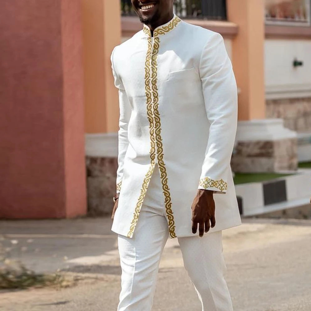 White Kaftan Men's Suit Embroidery Floral Top Pants Kaunda Suit African Casual Outfits Wear Traditional 2PCS Set Wedding Tuxedo