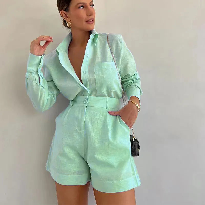 Women's Long Sleeve 2-Piece Set Casual Button Detail Shorts Outfit with Shirt Top Summer Fashion Female Suit
