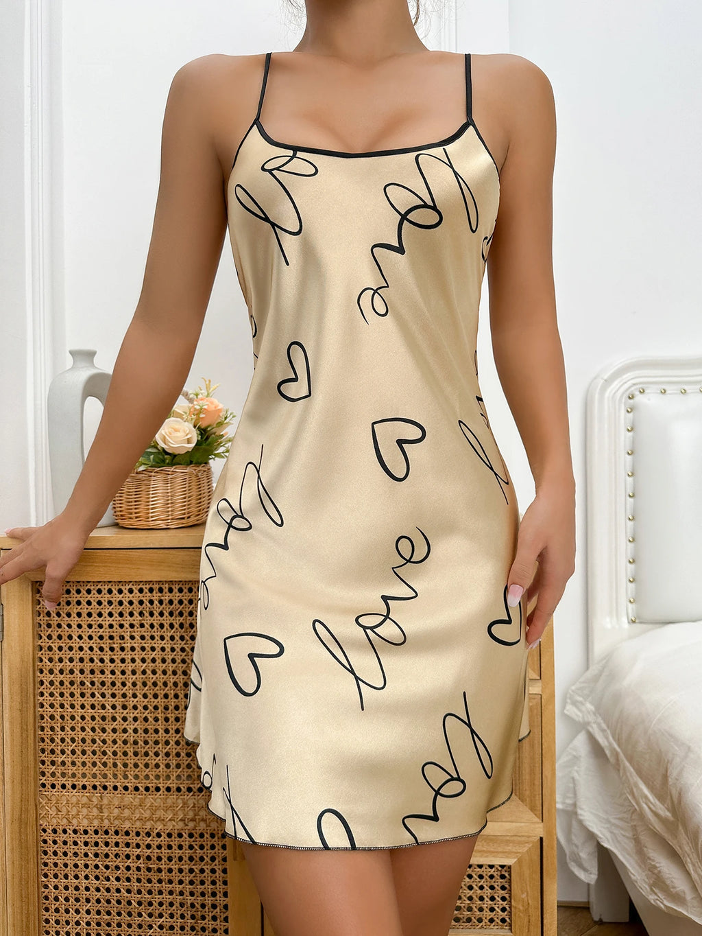 Heart Letter Print Nightdress Casual Round Neck Spaghetti Strap Sleep Dress Women's Sleepwear Dresses