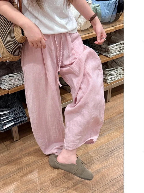 Loose Casual Cotton Linen Trousers Women Full Length Drawstring Women's Wide-leg Pants Summer Thin Linen Navy Blue Baggy Pants