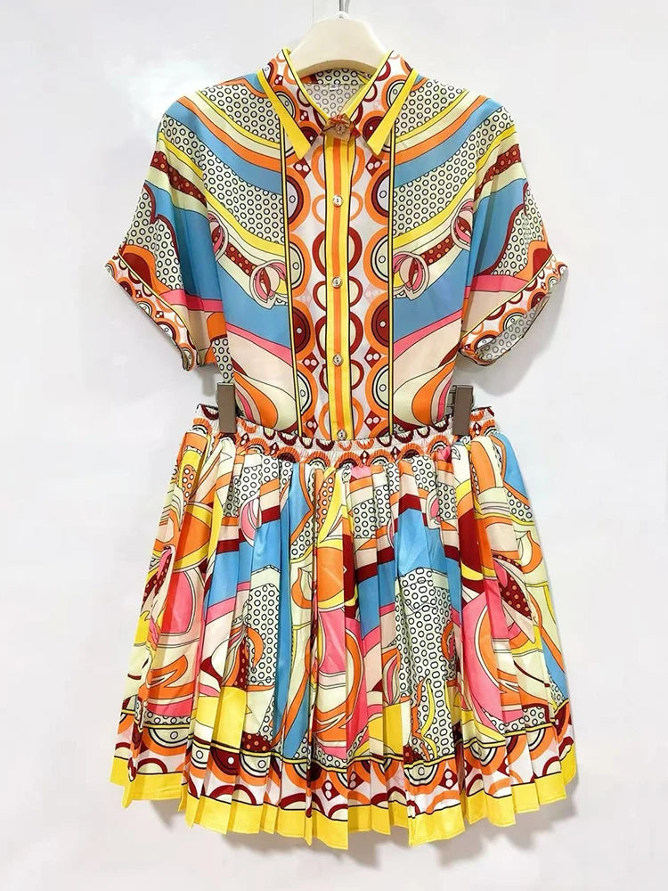 Designer retro geometric print lapel short-sleeved shirt two-piece 2026 summer women's dress+loose pleated skirt fashion suit