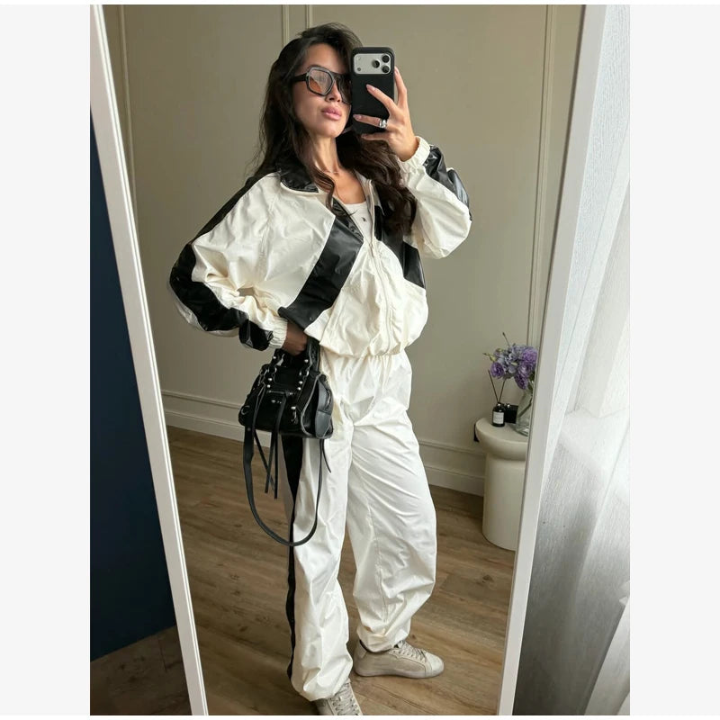 Lady'snavy Chevron Stripe Windbreaker Tracksuit Zip Cropped Jacket Contrast Trim Shorts 2026 Casual Sport Daily Jogging Street