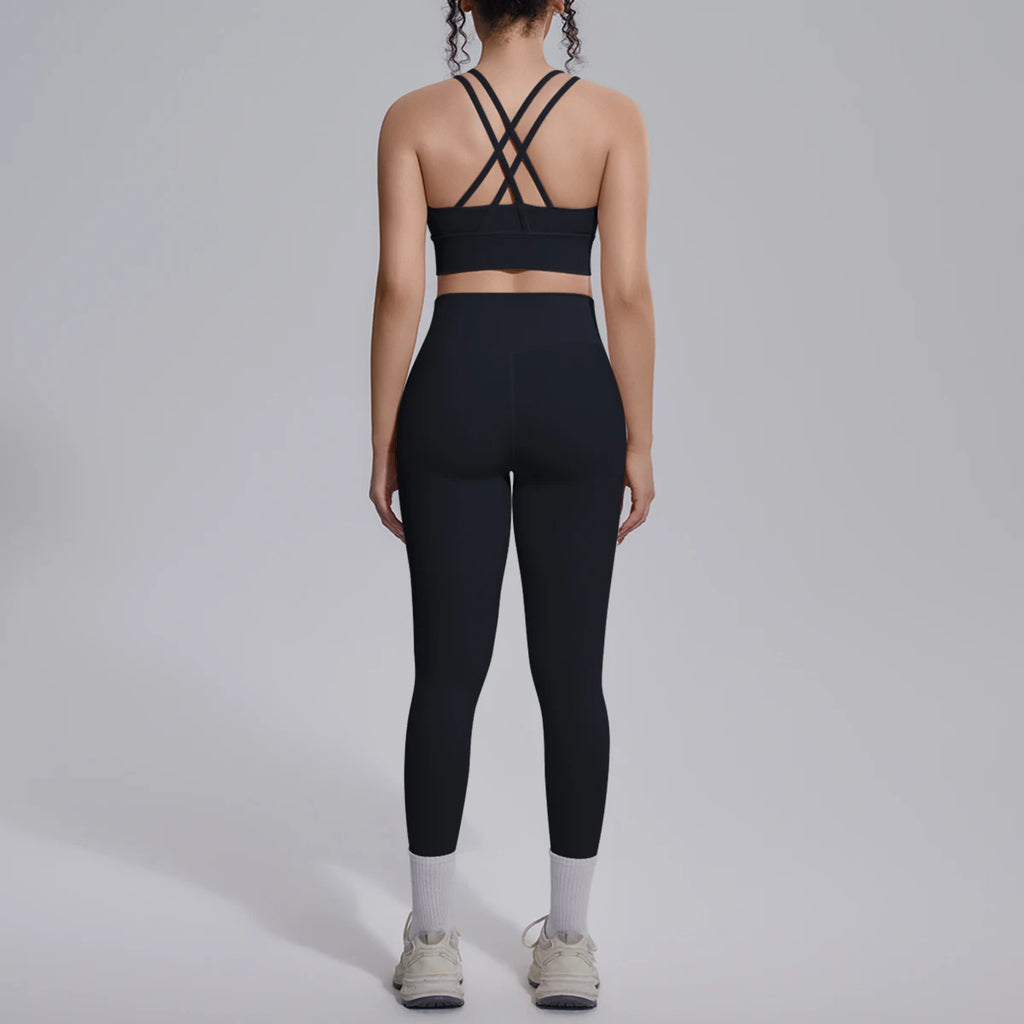 2PCS Yoga Set Summer Gym Sports Running Yoga Clothing Solid Color Cross Bra Workout Top High Waisted Quick Drying Fitness Pants