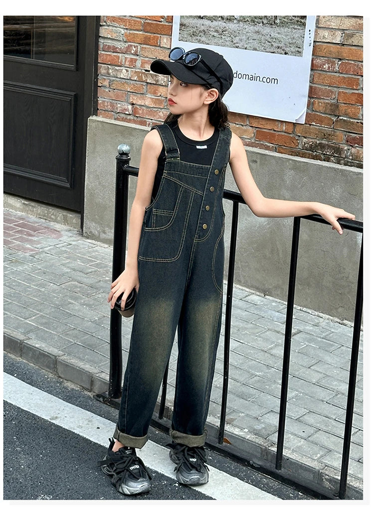 Elegant Children Jeans Jumpsuit with Broken Holes For Girls Fashion Overalls Streetwear Kids Denim Suspenders Pants With Strap