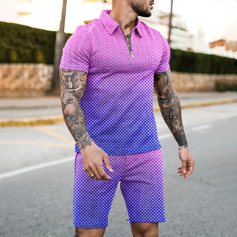Men Zipper Polo Shirt Suit 2 Pcs Tracksuit Summer 3D Print Beach Boho Geometric Style Holiday Clothing Ensembles De Sport