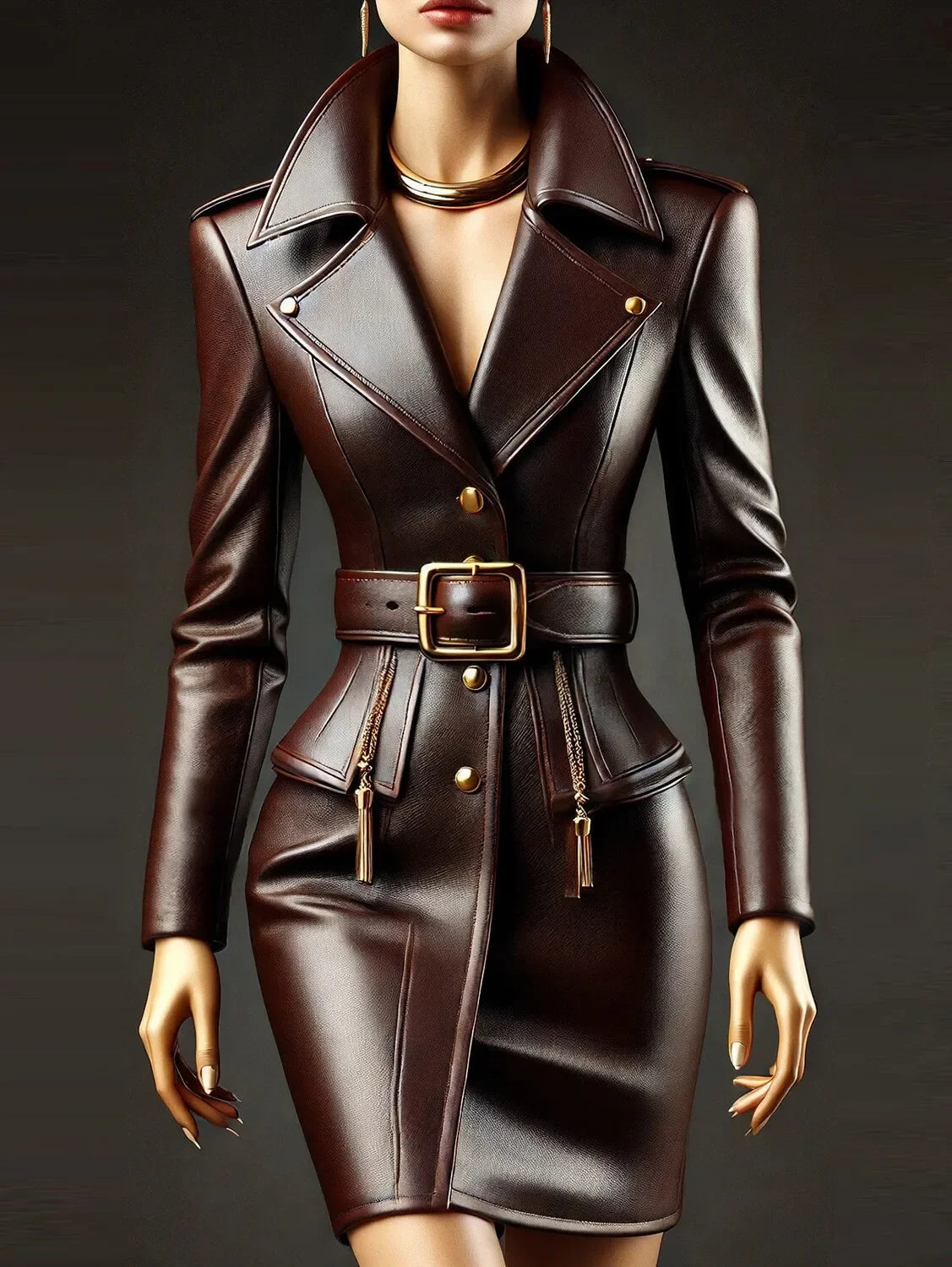 Women PU Leather Dress Lapel Collar Button Long Sleeve with Belt Casual Vintage Pockets Slim Elegant Office Lady Mini Dresses
