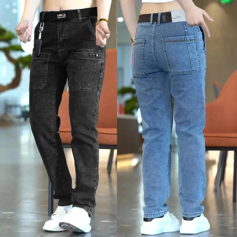 Korea Fashion Men Jeans Cargo Denim Pants Casual Blue Gray Pocket Denim Pants Straight Jean Womens Streetwear