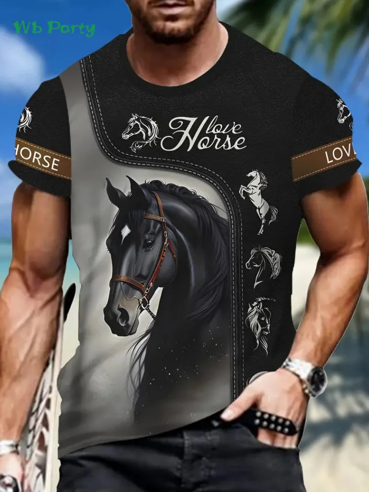 New Horse T-Shirts for Men Summer Outdoor Men Short Sleeve Animal Print Breathable Men's Clothing Fashion Round Neck Men's Tops
