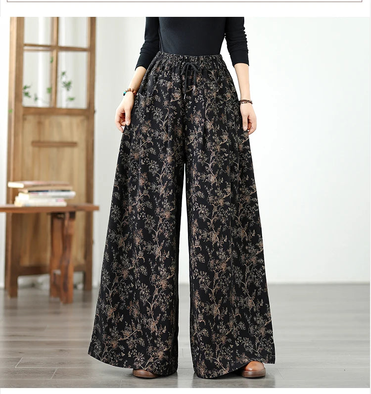Denim Wide-leg Pants For Women 2025 Autumn New Style Printed Elastic Waist Loose Oversized Casual Denim Straight Pants