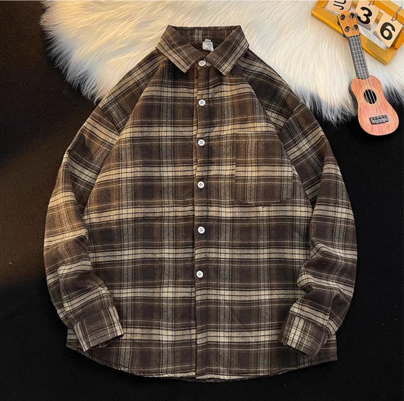 New 2026 Autumn and Winter Plus Velvet Thick Warm Plaid Shirt Men's Long Sleeved Japanese Retro Trend Loose Casual Shirt Jacket
