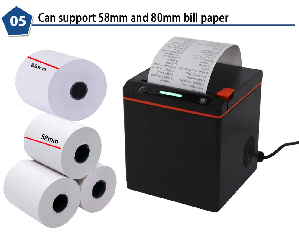 Black Orange 80mm Pos Thermal Receipt Printer Support 58mm / 80mm Paper for Supermarkets and Restaurants