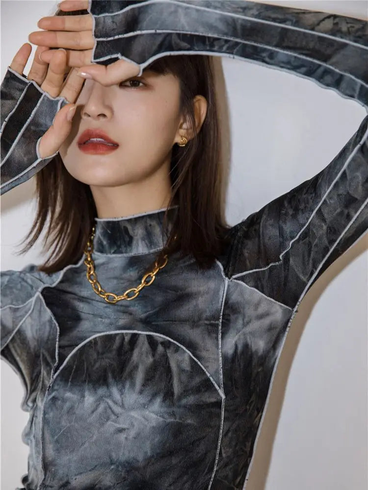 CHEERART Tie Dye Grey Black Turtleneck Woman Tshirts Bodycon Long Sleeve Top Women Fall Fashion Tee Shirt Femme Clothing