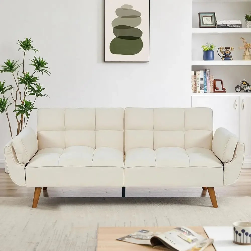 Twin Size Convertible Sleeper Sofa with Reclining Linen Split Back and Pillow Top Arms for Compact Living Spaces in Beige