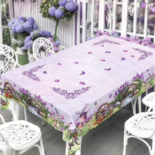 1 Piece of Spring/Summer Printed Round and Rectangular Tablecloth, Available in Various Sizes, with Purple Tulips and Lavender Interwoven, Featuring a Vintage Scroll Border and Butterfly Petal Embellishments, with Embossed Ed