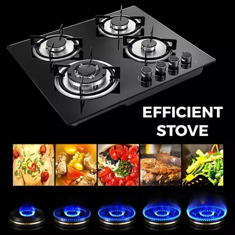 Top Cooktop 4 Burner Gas Stove Built in Tempered Glass Black Surface 4 Burner Cooker Gas Stove