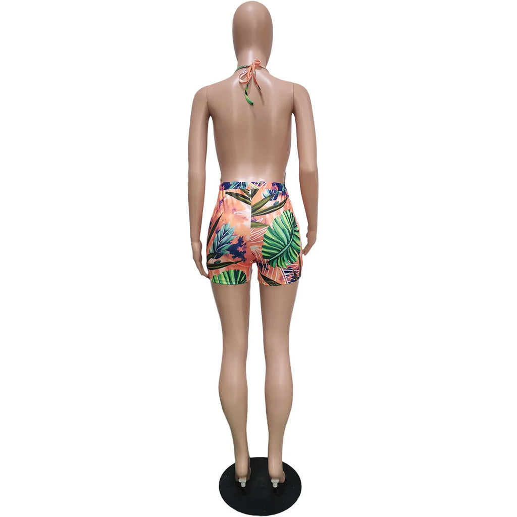 Women Rompers Outfit Halter Neck Cutout Crop Top Tie Front High Waist Biker Shorts Tie-Dye Design Summer Beach Short Jumpsuit
