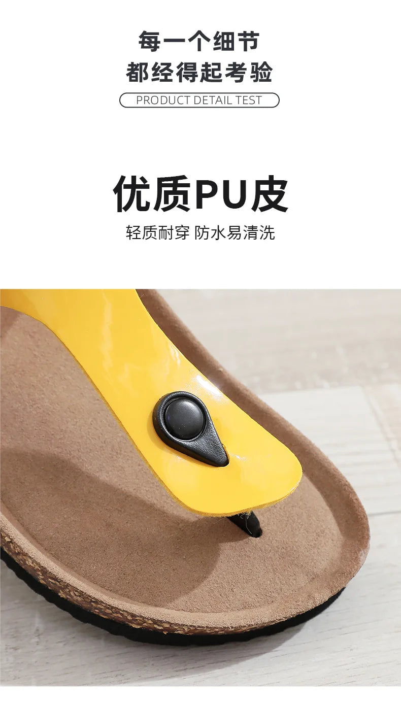 New Cork Sandals for Women Open Toe Beach Slippers with Adjustable Buckle Women Flats Leather Cork Footbed Flip Flops