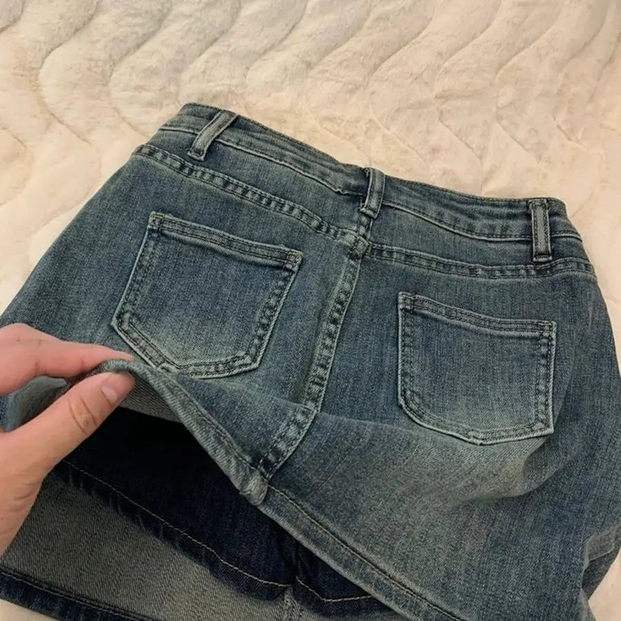 Retro Faded Denim Mini Skirt Women's Small Size Summer New High Waist Loose Fit Anti Exposure Skirt Cotton Denim Half Body Skirt