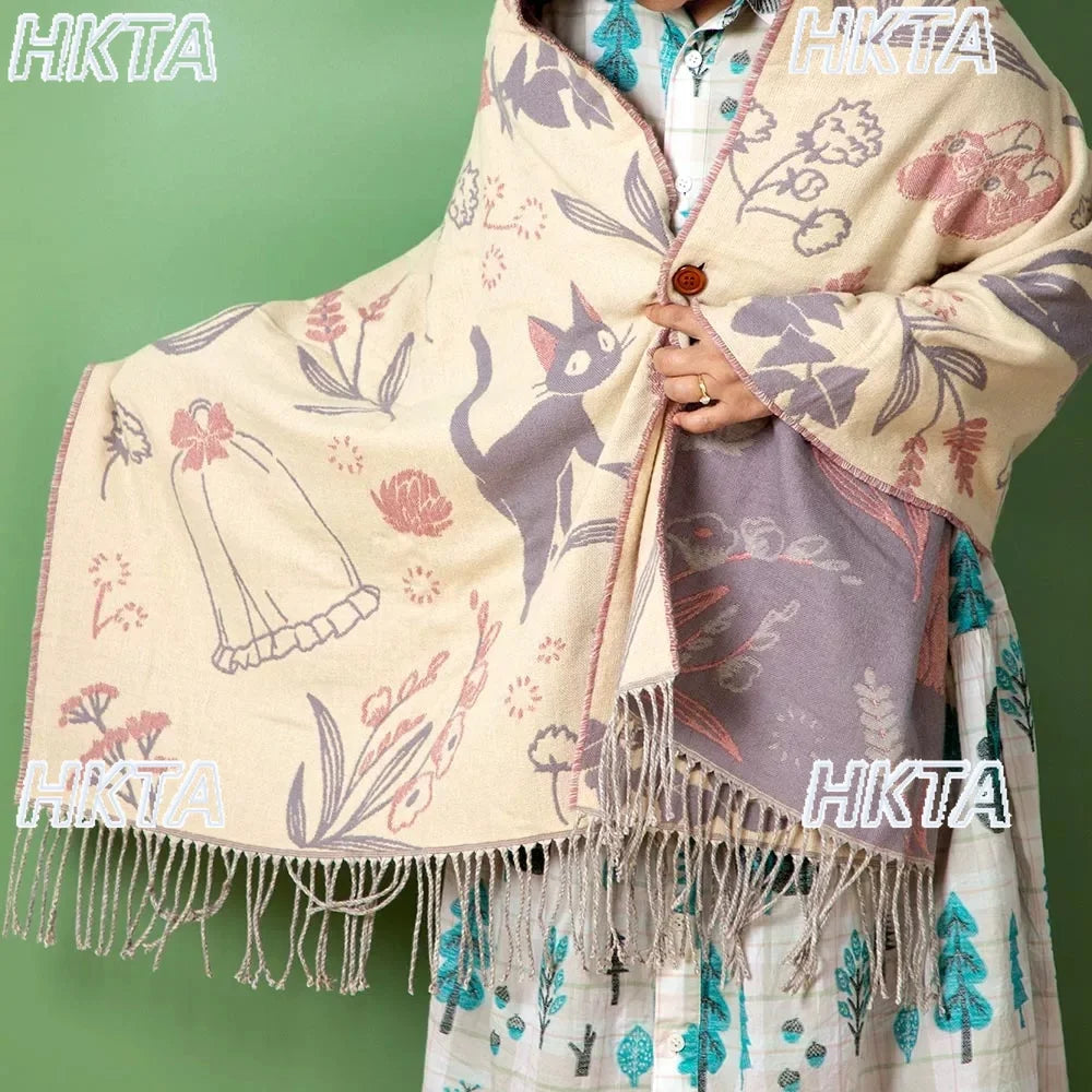 Niche Design Scarf Shawl Fashionable Versatile Cute Cartoon Thickened Double-sided Winter Warm Button Scarf Girls Dual-purpose
