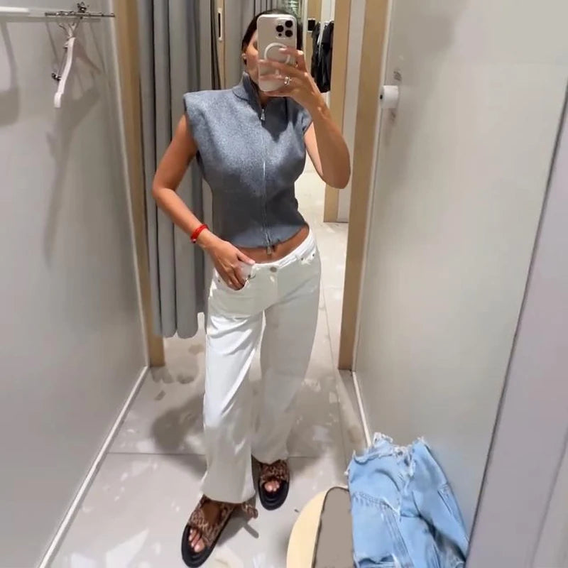 Women's Knitwear Half Turtleneck Double Zipper Knitted Vest Autumn Female Sleeveless Waist Cinching Solid Slim Cardigan New Tops