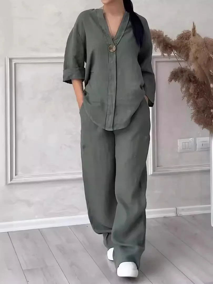 Fashion Solid 2 Piece Pant Sets Women Spring Autumn Buttons V-neck Long Sleeve T Shirt Wide Legs Trousers Two Piece Set Female