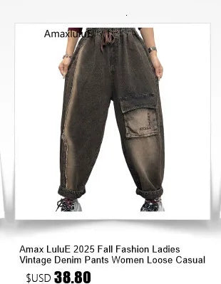 Amax LuluE Fall Korean Casual Jeans Womens Classic Striped Fashion Vintage Denim Pants Ladies Loose Elastic Waist Harem Trousers
